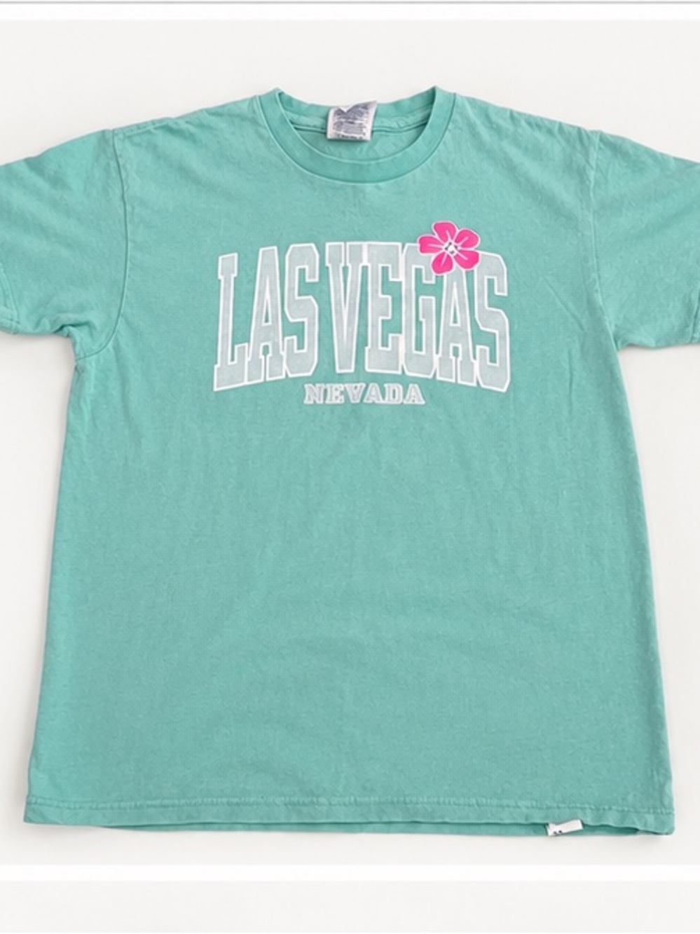 Las Vegas Girls medium teal pink Hawaiian tropical cotton short sleeve shirt